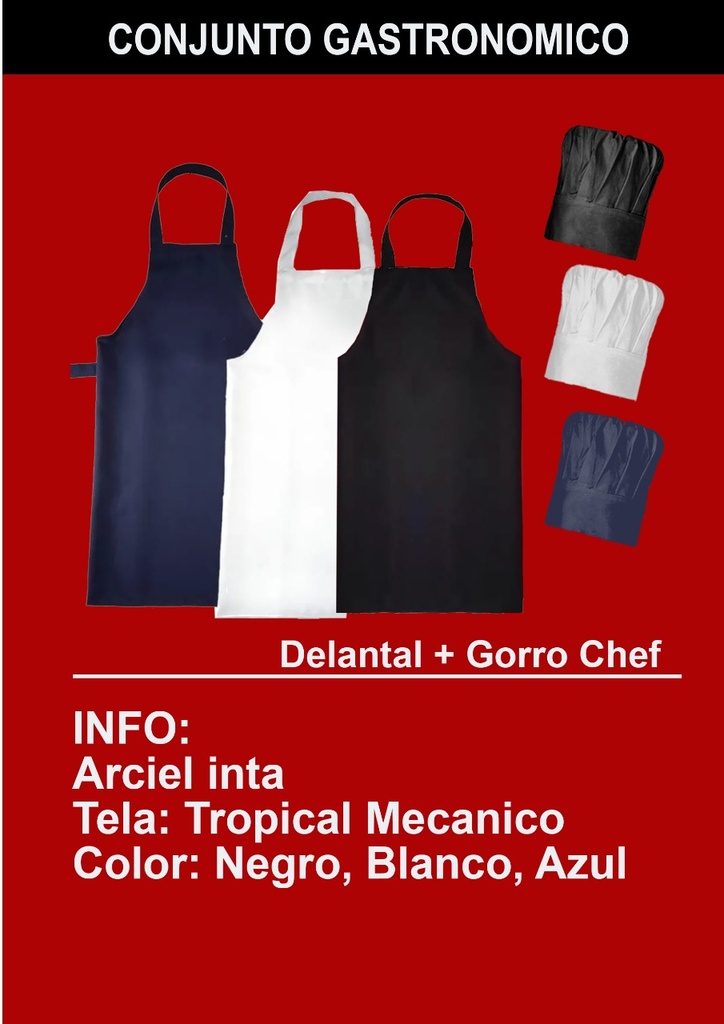 Polo textil FPDS - Delantal cocina + Gorro Chef - Ancho: 70cm, Alto: 95cm - 100% Poliéster, con bolsillo y hebilla.