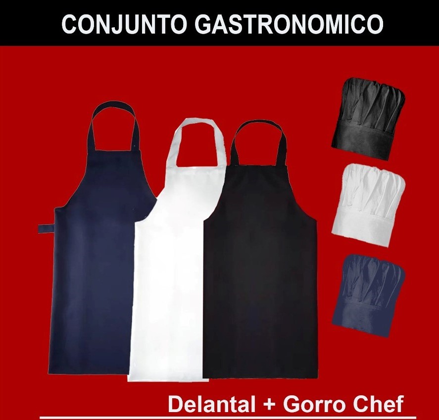 Polo textil FPDS - Delantal cocina + Gorro chef - Ancho: 70cm, Alto: 95cm - 100% algodón, sin bolsillo. Tela: Gabardina blanca