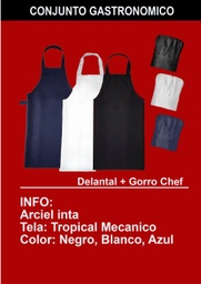 Polo textil FPDS - Delantal cocina + Gorro Chef - Ancho: 70cm, Alto: 95cm - 100% Poliéster, con bolsillo y hebilla.